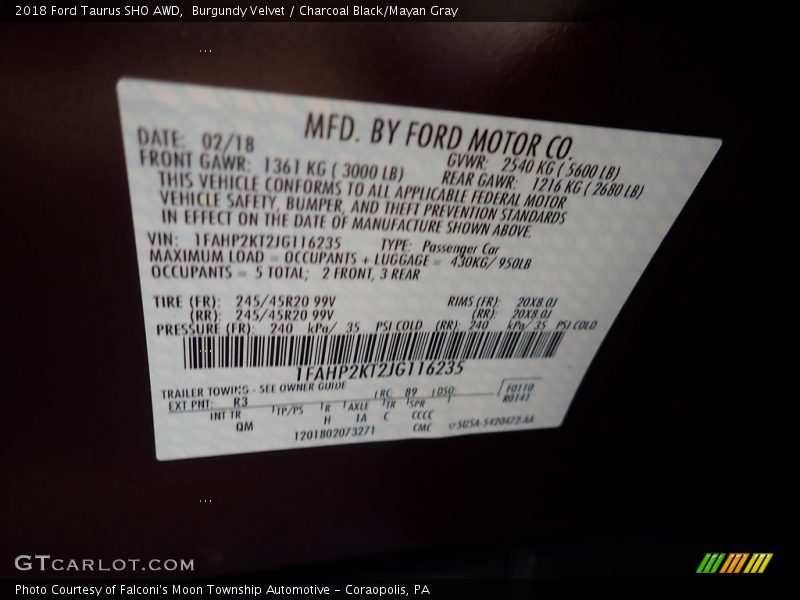 2018 Taurus SHO AWD Burgundy Velvet Color Code R3