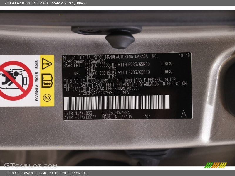 2019 RX 350 AWD Atomic Silver Color Code 1J7