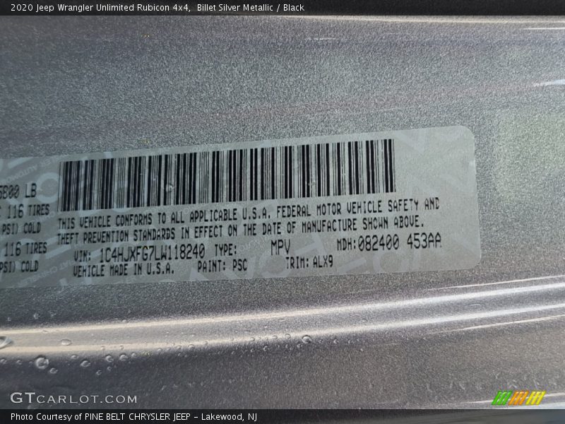 2020 Wrangler Unlimited Rubicon 4x4 Billet Silver Metallic Color Code PSC