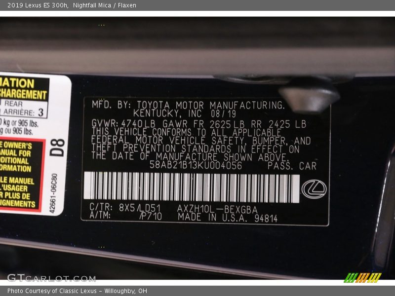 2019 ES 300h Nightfall Mica Color Code 8X5