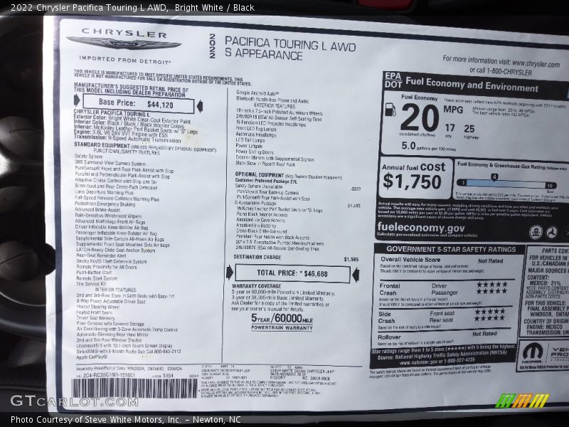  2022 Pacifica Touring L AWD Window Sticker