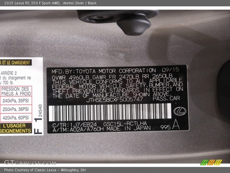 2015 RC 350 F Sport AWD Atomic Silver Color Code 1J7