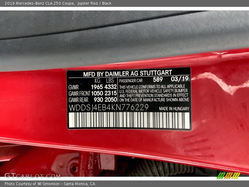 2019 CLA 250 Coupe Jupiter Red Color Code 589