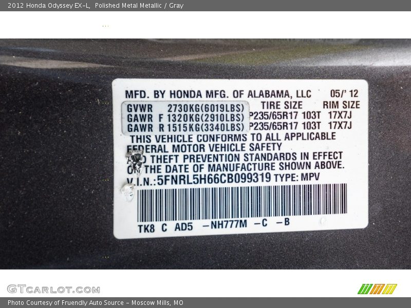 Polished Metal Metallic / Gray 2012 Honda Odyssey EX-L