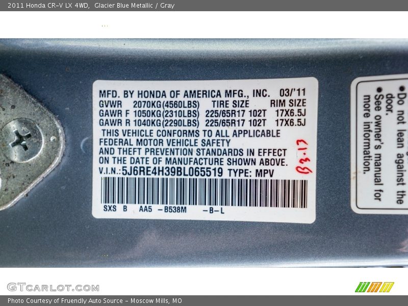 Glacier Blue Metallic / Gray 2011 Honda CR-V LX 4WD