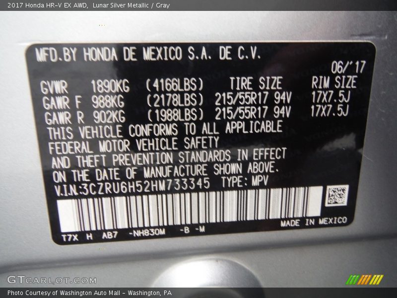 Lunar Silver Metallic / Gray 2017 Honda HR-V EX AWD