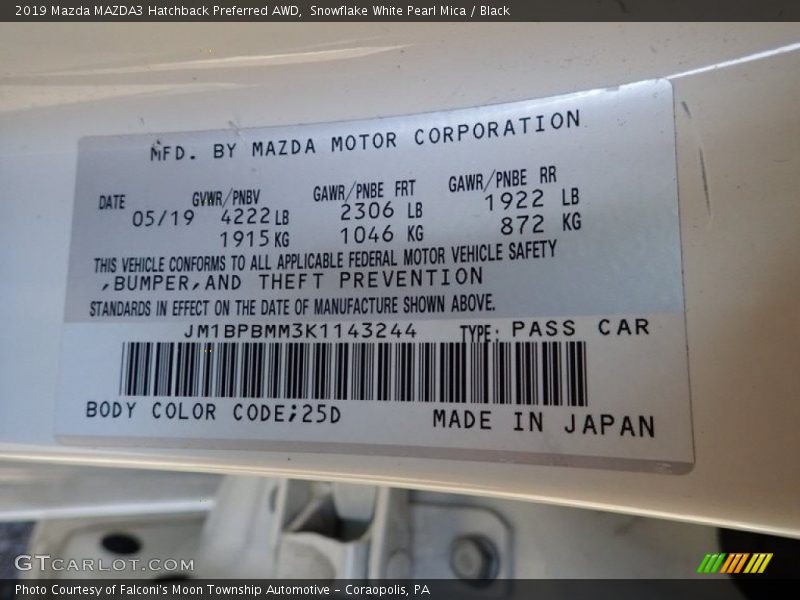 Snowflake White Pearl Mica / Black 2019 Mazda MAZDA3 Hatchback Preferred AWD