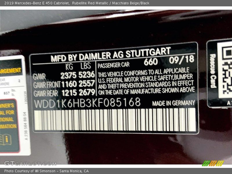 2019 E 450 Cabriolet Rubellite Red Metallic Color Code 660
