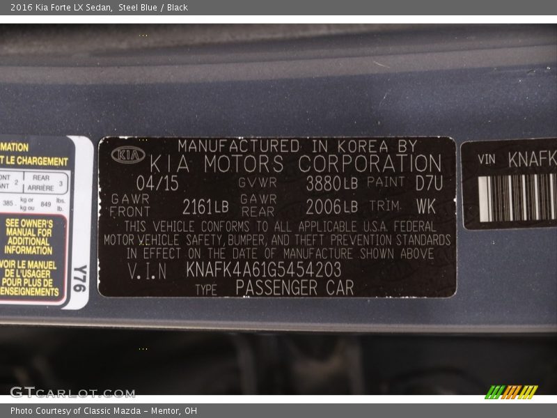 Steel Blue / Black 2016 Kia Forte LX Sedan