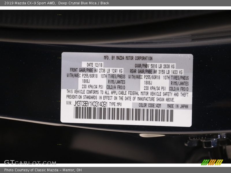 2019 CX-9 Sport AWD Deep Crystal Blue Mica Color Code 42M