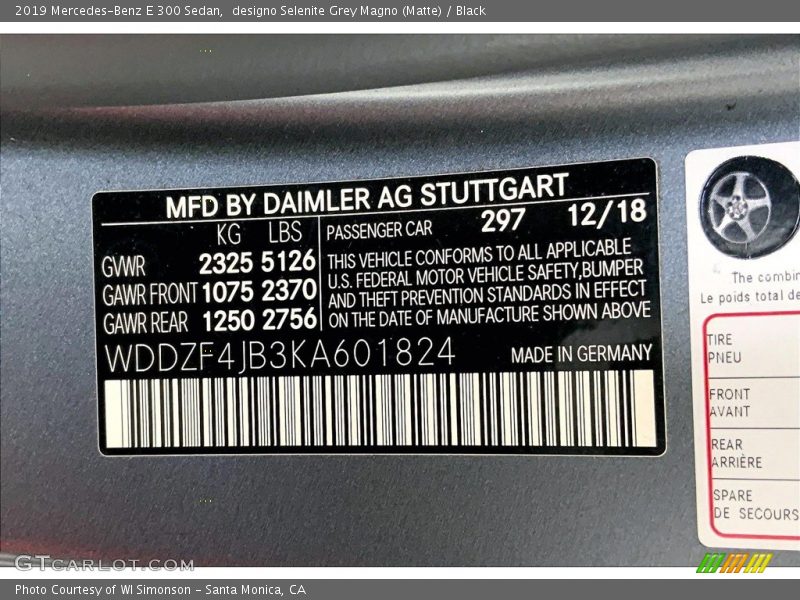 2019 E 300 Sedan designo Selenite Grey Magno (Matte) Color Code 297