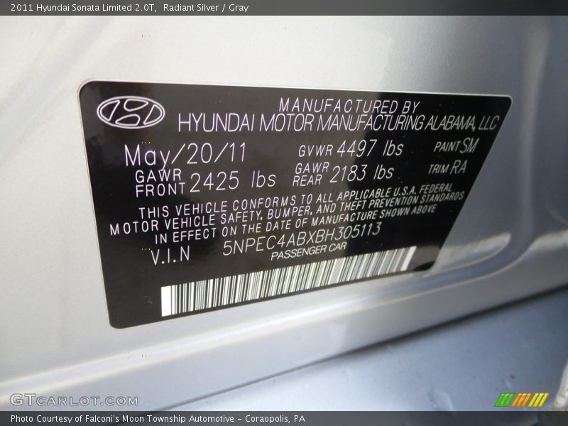 Radiant Silver / Gray 2011 Hyundai Sonata Limited 2.0T