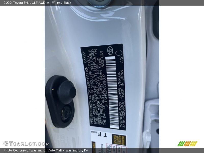 2022 Prius XLE AWD-e White Color Code 089