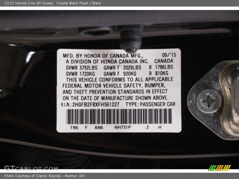 Crystal Black Pearl / Black 2015 Honda Civic EX Sedan
