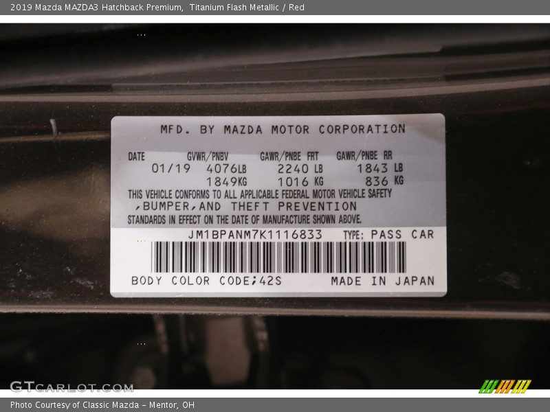 2019 MAZDA3 Hatchback Premium Titanium Flash Metallic Color Code 42S