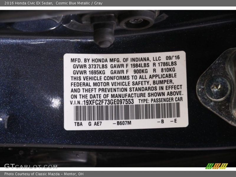 Cosmic Blue Metallic / Gray 2016 Honda Civic EX Sedan