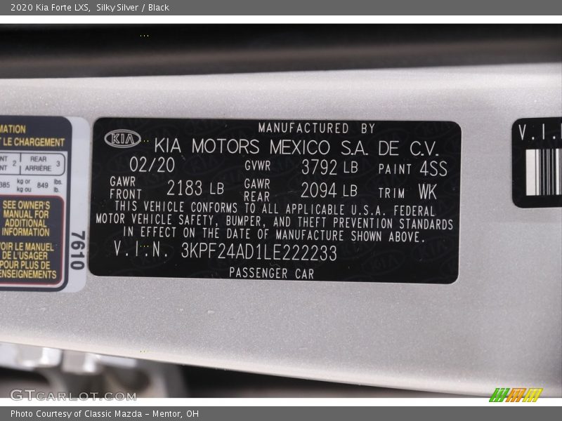 Silky Silver / Black 2020 Kia Forte LXS