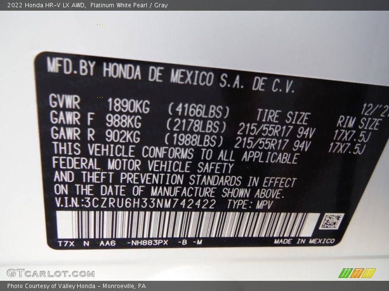Platinum White Pearl / Gray 2022 Honda HR-V LX AWD