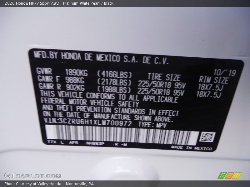 Platinum White Pearl / Black 2020 Honda HR-V Sport AWD