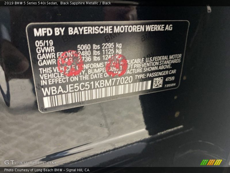 Black Sapphire Metallic / Black 2019 BMW 5 Series 540i Sedan