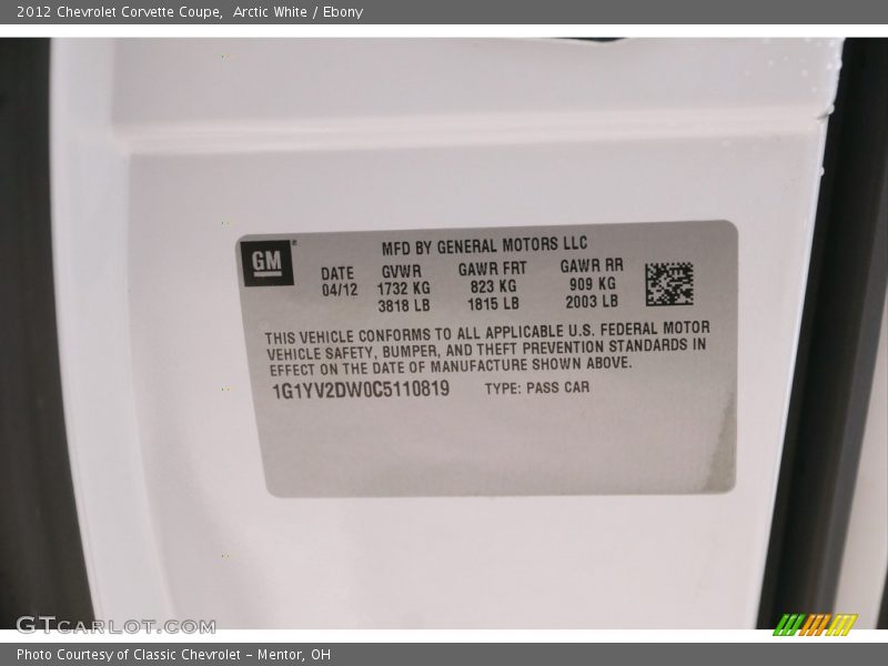Arctic White / Ebony 2012 Chevrolet Corvette Coupe
