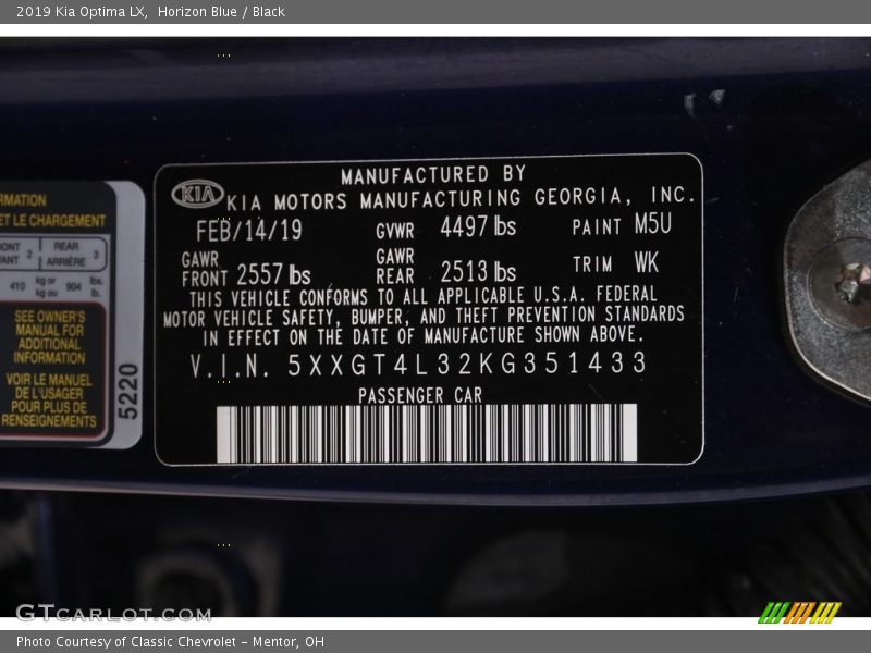 Horizon Blue / Black 2019 Kia Optima LX