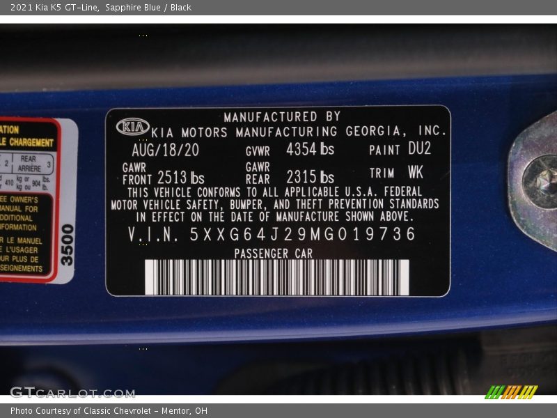 2021 K5 GT-Line Sapphire Blue Color Code DU2