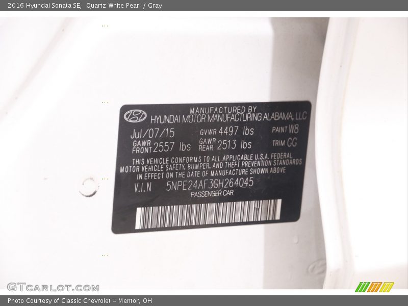 Quartz White Pearl / Gray 2016 Hyundai Sonata SE