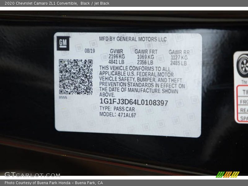 Black / Jet Black 2020 Chevrolet Camaro ZL1 Convertible