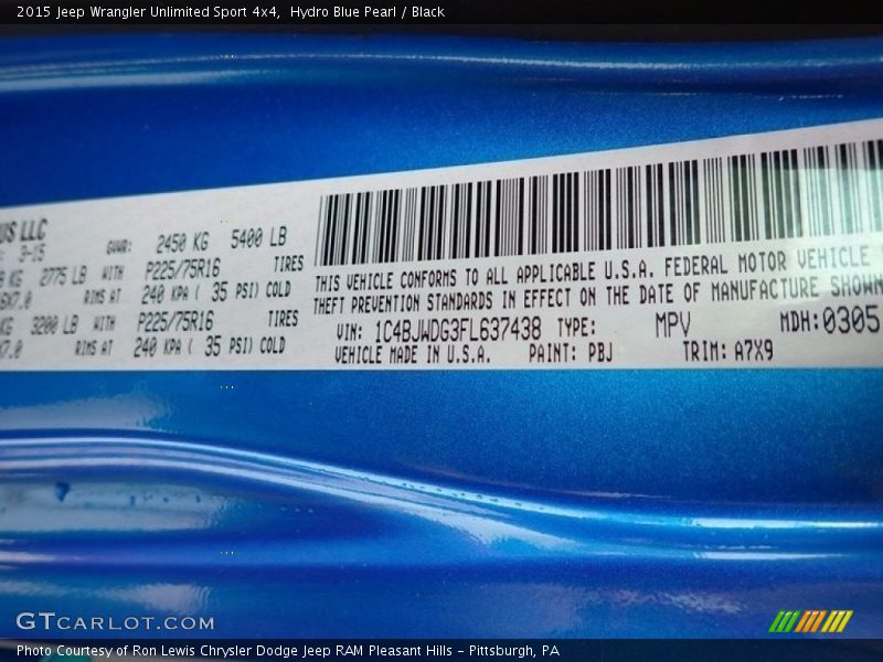 Hydro Blue Pearl / Black 2015 Jeep Wrangler Unlimited Sport 4x4