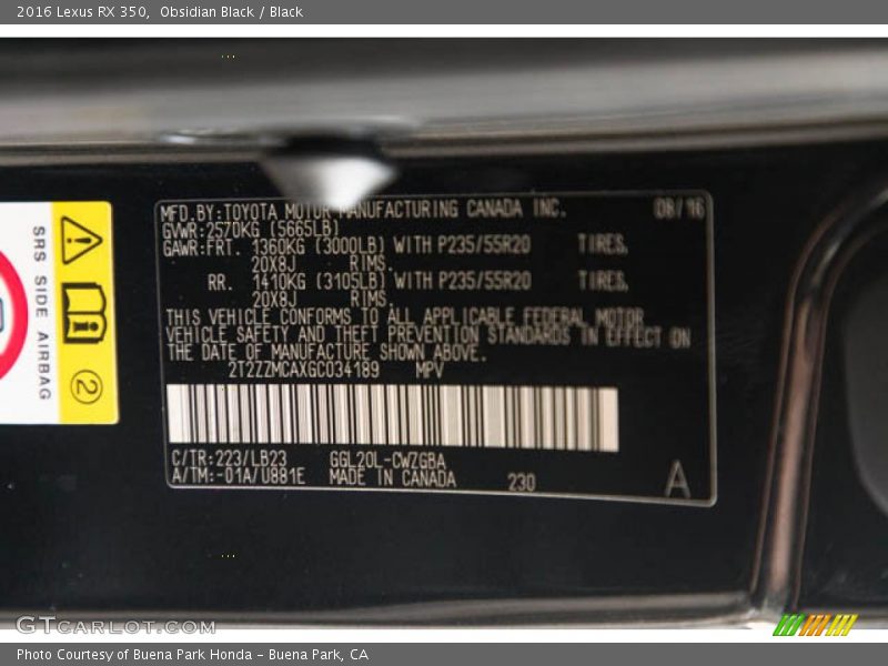 Obsidian Black / Black 2016 Lexus RX 350