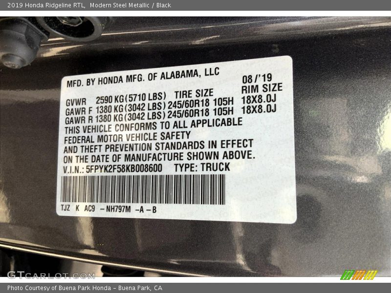 2019 Ridgeline RTL Modern Steel Metallic Color Code NH797M