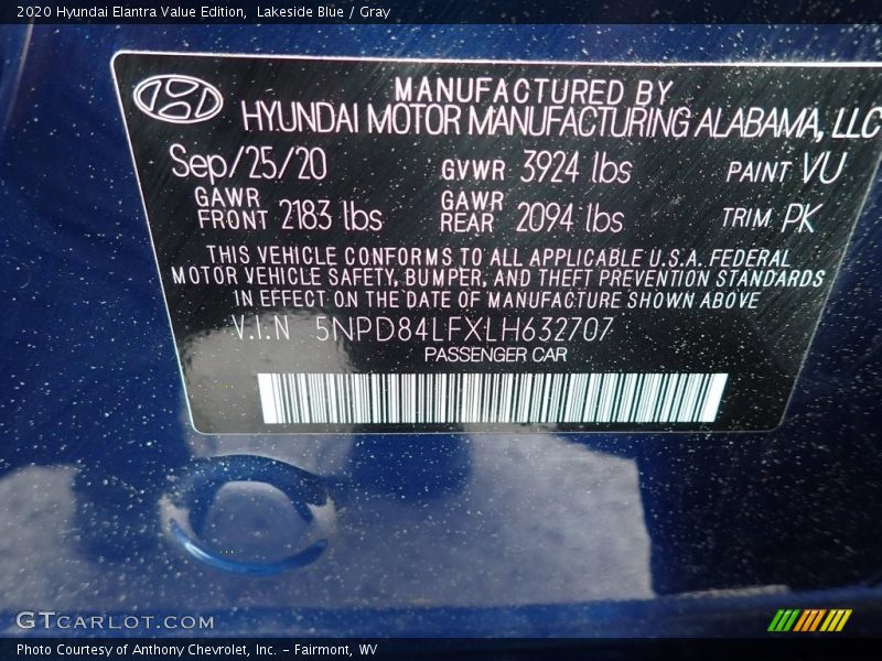 Lakeside Blue / Gray 2020 Hyundai Elantra Value Edition