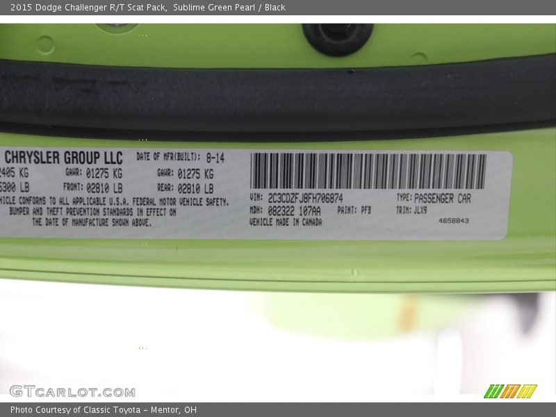 2015 Challenger R/T Scat Pack Sublime Green Pearl Color Code PFB
