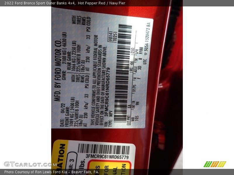 2022 Bronco Sport Outer Banks 4x4 Hot Pepper Red Color Code EA