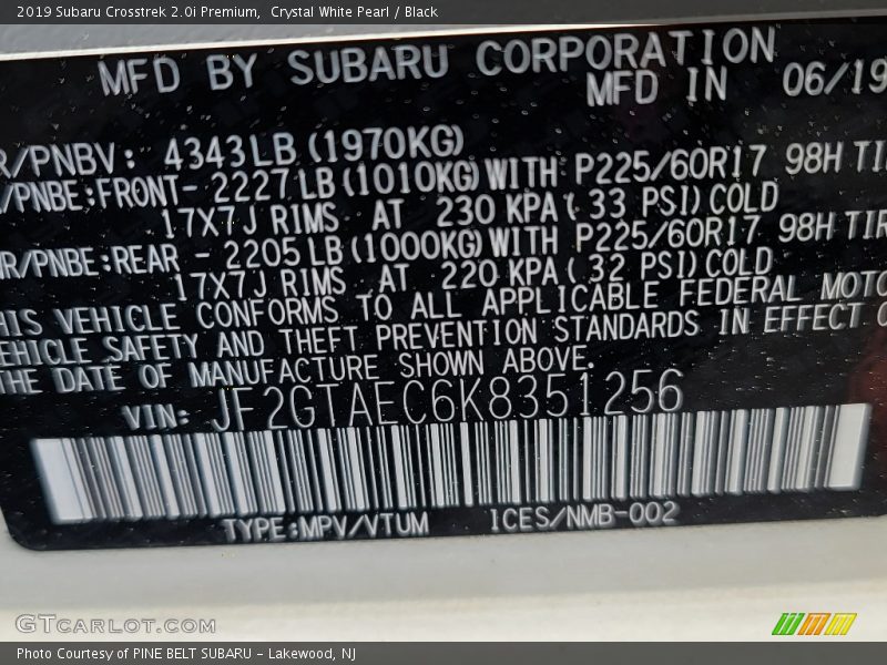 Crystal White Pearl / Black 2019 Subaru Crosstrek 2.0i Premium