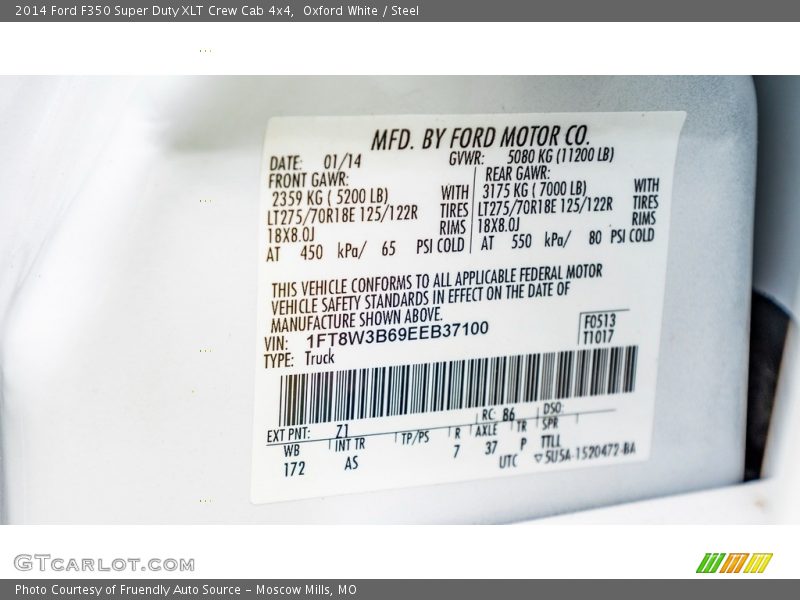 2014 F350 Super Duty XLT Crew Cab 4x4 Oxford White Color Code Z1