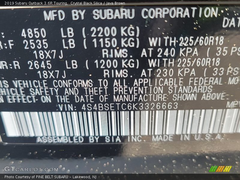 Crystal Black Silica / Java Brown 2019 Subaru Outback 3.6R Touring