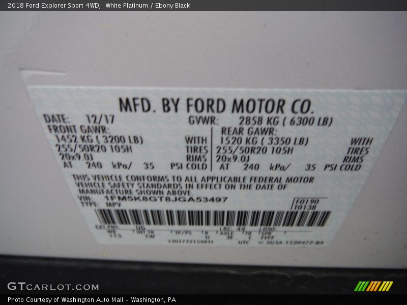 White Platinum / Ebony Black 2018 Ford Explorer Sport 4WD