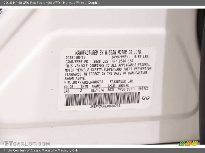 Majestic White / Graphite 2018 Infiniti Q50 Red Sport 400 AWD