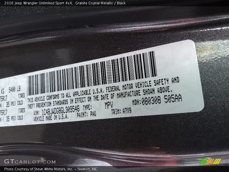 Granite Crystal Metallic / Black 2016 Jeep Wrangler Unlimited Sport 4x4
