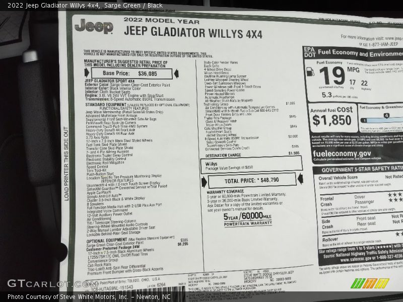  2022 Gladiator Willys 4x4 Window Sticker