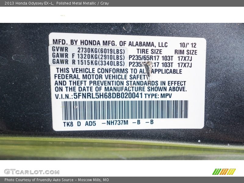 Polished Metal Metallic / Gray 2013 Honda Odyssey EX-L