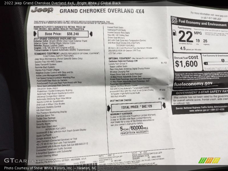  2022 Grand Cherokee Overland 4x4 Window Sticker