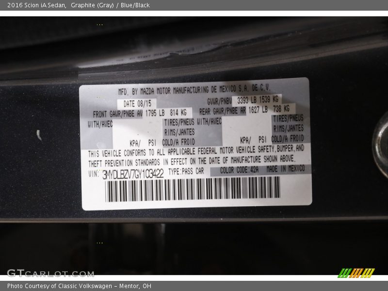 2016 iA Sedan Graphite (Gray) Color Code 42A