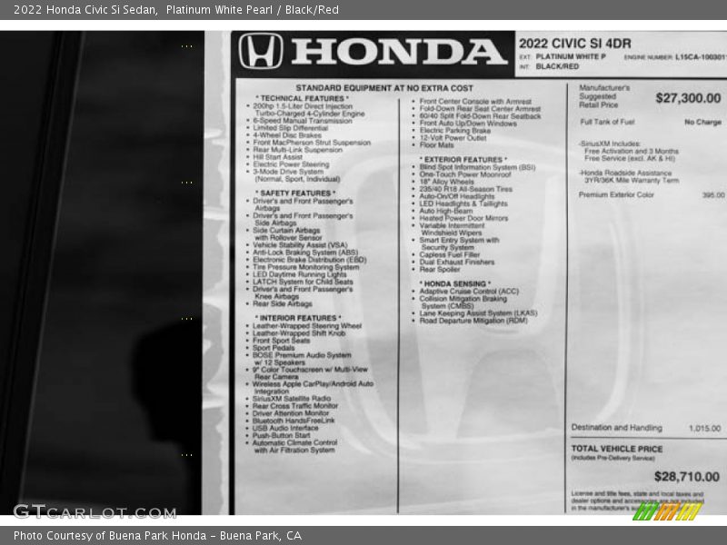  2022 Civic Si Sedan Window Sticker