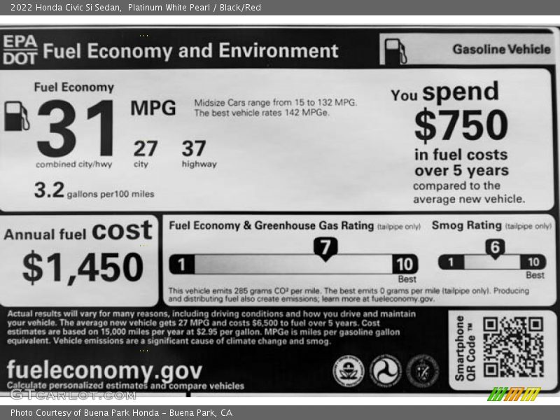 Platinum White Pearl / Black/Red 2022 Honda Civic Si Sedan