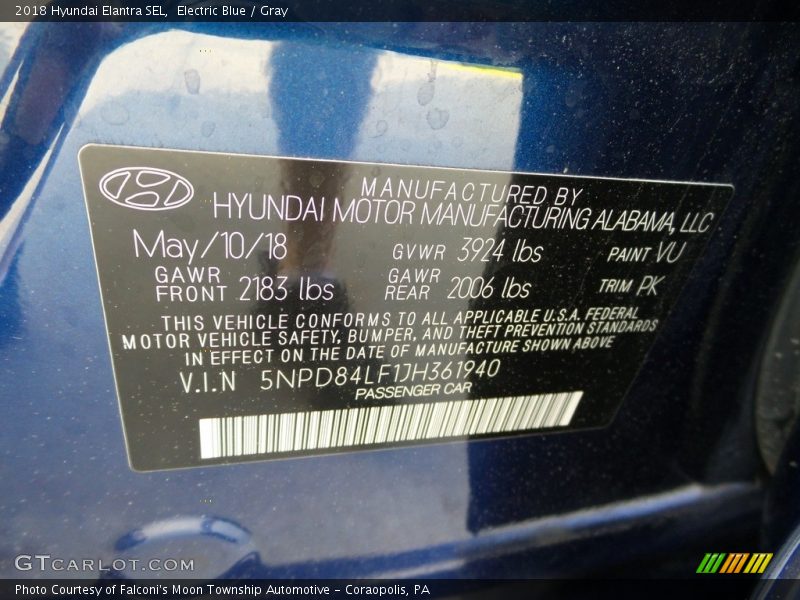 Electric Blue / Gray 2018 Hyundai Elantra SEL
