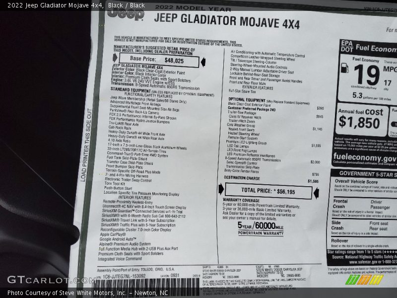  2022 Gladiator Mojave 4x4 Window Sticker
