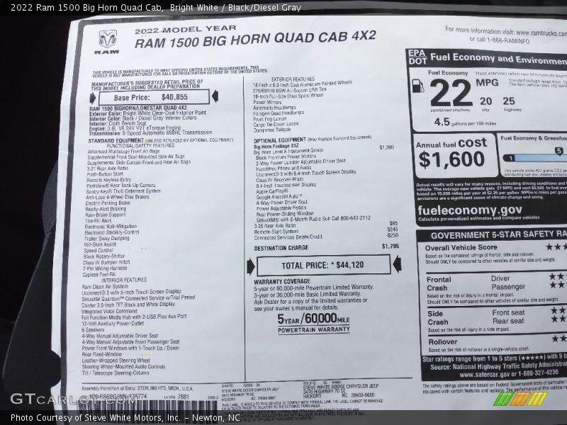  2022 1500 Big Horn Quad Cab Window Sticker